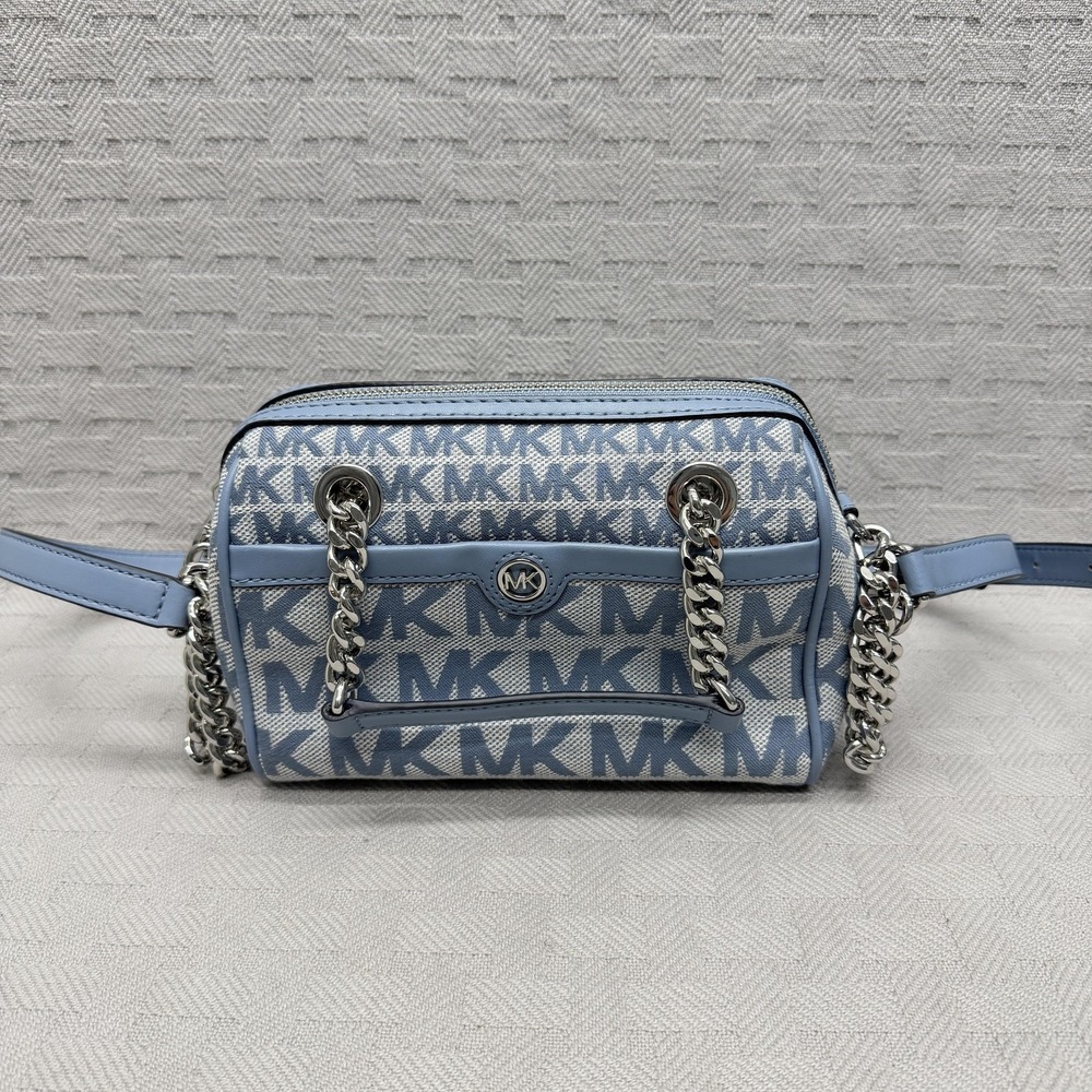 Michael Kors Blaire Crossbody Bag Womens Small Light Blue Monogram Chain‎ Strap